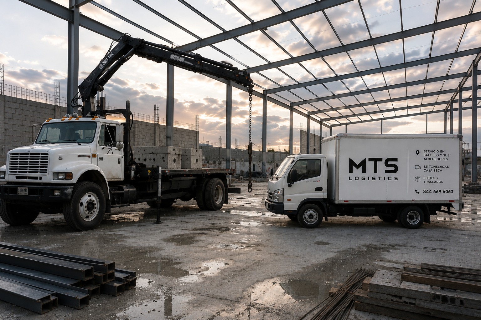 Camión con grúa Hiab y camión de caja seca de MTS Logistics en obra